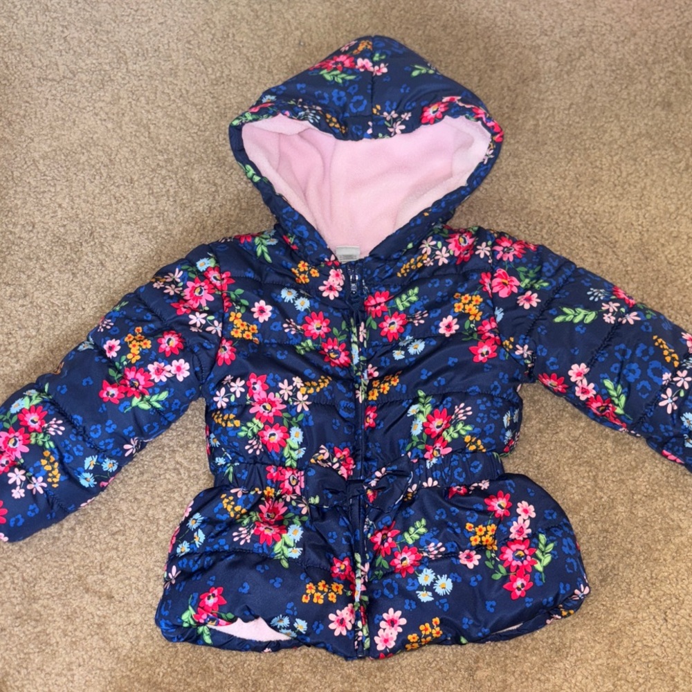 Little Me Floral Hooded Puffer Jacket Coat Pink Lining 2T 2